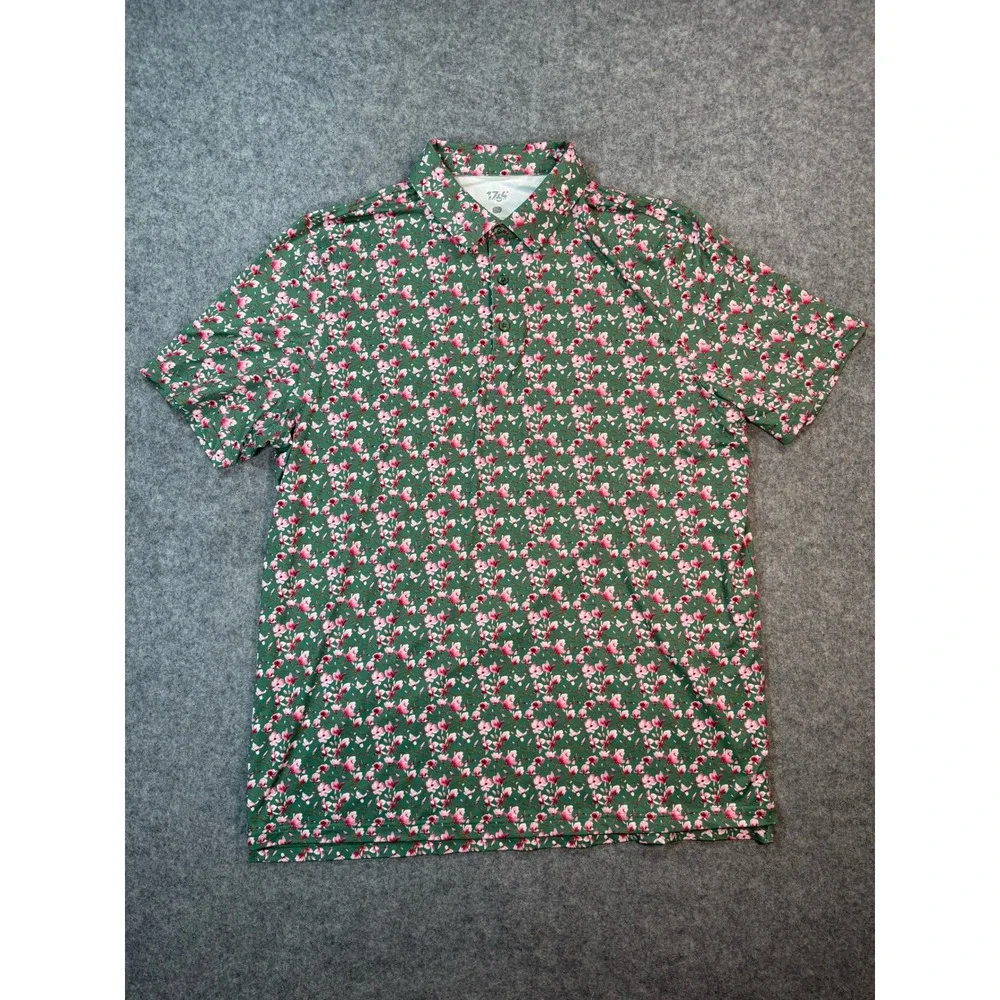 774 Signature Mens 2XL‎ Green Pink Floral Cherry Blossom Golf Performance Polo